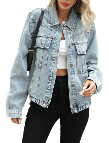 happlan Women's Fashion Loose Long Slevee Trendy Denim Jacket Jean Coat