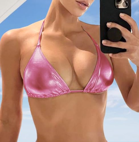 Women's Metallic Bikini Top - Halter Shiny Triangle Bralette Rave Tops Tie Side Swimsuit Bra(051Top,Pink,L) - Image 6