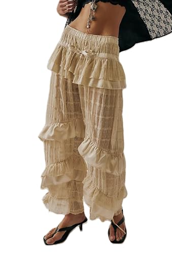 UAURORAO Women Layered Ruffle Long Bloomers Elastic Mid Rise Tiered Ruffled Bloomer Pants Lace Victorian Pantaloons