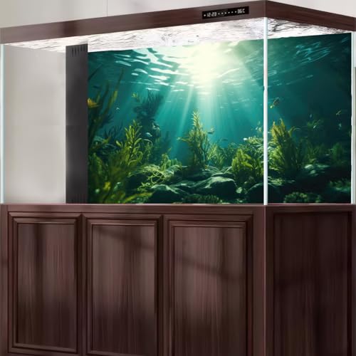 Image of Aquarium Background Underwater Aquatic Plants Rocks Fish Tank Background Tropical Fish Sun Rays Landscapes Terrarium Backgrounds Undersea Rocks Green Seaweeds Reptile Tank Backgrounds Poster 36x20in
