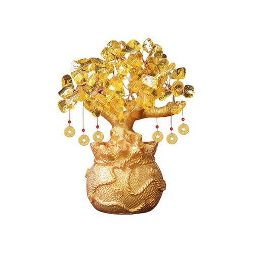 Chiorgone Citrine Crystal Money Tree – Feng Shui Wealth for Prosperity, Golden Money Bag Bonsai, Lucky Gemstone Tree for Home & Office