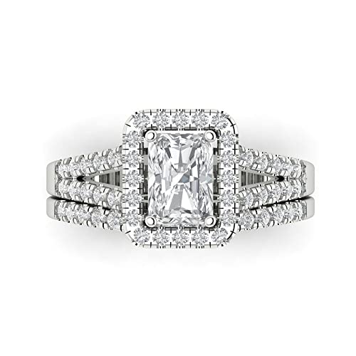 Clara Pucci 1.72 tcw Emerald Cut Mois Wedding Ring Set for Women | 14K White Gold 2-Piece Womens Anniversary Ring for her, Womens Solid Gold Stackable Eternity Band and Vintage Gold Ring