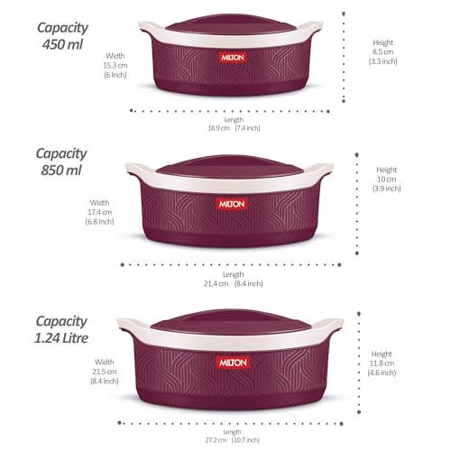 Image of Milton Evoke Jr. Gift Set PU Insulated Inner Stainless Steel Casserole, Set of 3 (450 ml, 850 ml, 1240 ml), Maroon,BPA Free,Food Grade,Hot and Cold,Easy to Carry, Easy to Store,Chapati,Roti,Curd Maker