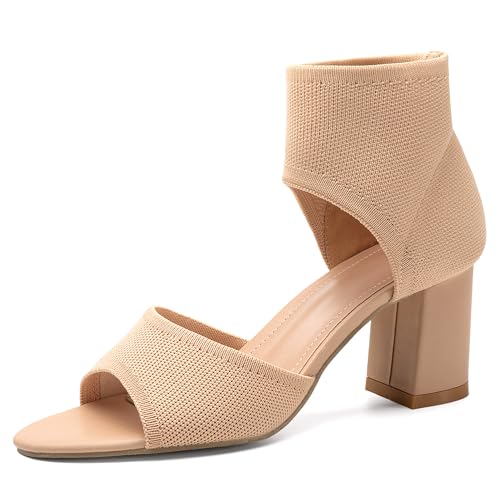 MOUSSE FIT Women's Knit Block Heel Sandals, 2.5 Inch Chunky Heels, Breathable Party Wedding Shoes with Non-Slip Rubber Sole
