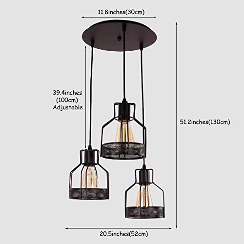 Chandelier industriel à 3 lampes suspension cage en métal noir
