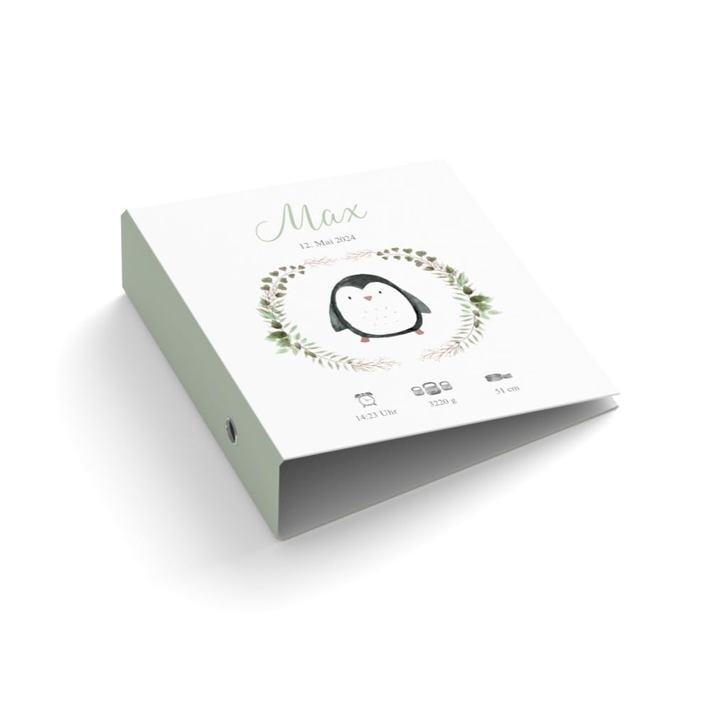 Ringordner | Ordner zur Geburt | personalisiert mit Name + Geburtsdaten | Kleiner Pinguin | Mit Griffloch | für DIN A4 | 7,4 cm breit | Kinder | Geburt | Baby | weiß/grün