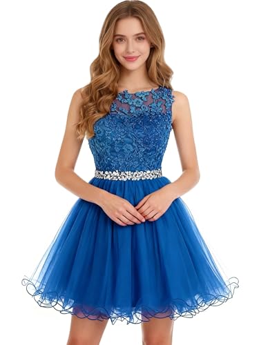 Image of Dydsz Women's Lace Applique Short Prom Dress A Line Tulle Homecoming Dresses Beaded Mini Graduation Party Dress