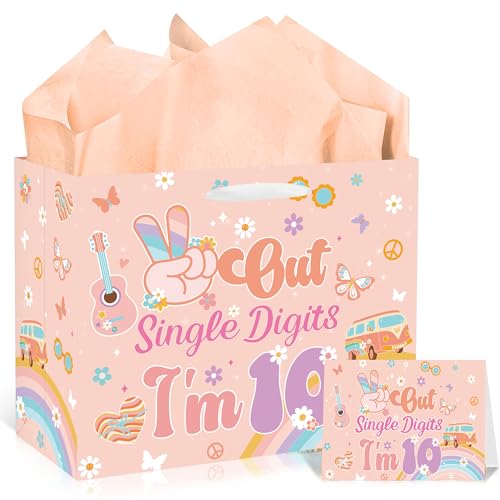 EoBeCy 10th Birthday Gift Bags for Girls, Peace Out Single Digits I'm 10 Gift Bag with Tissue Paper and Greeting Card, Groovy Wrapping Paper for 10 Year Old Girl Birthday Party Favors