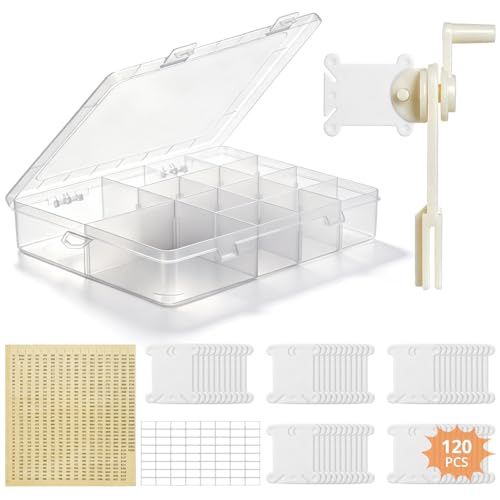 Embroidery Floss Organizer Cross Stitch Thread Storage Box with Removable 14 Compartments Embroidery Thread Organizer Includes 120 Plastic Bobbins Stickers Bobbin Winder for DIY Sewing Crafts