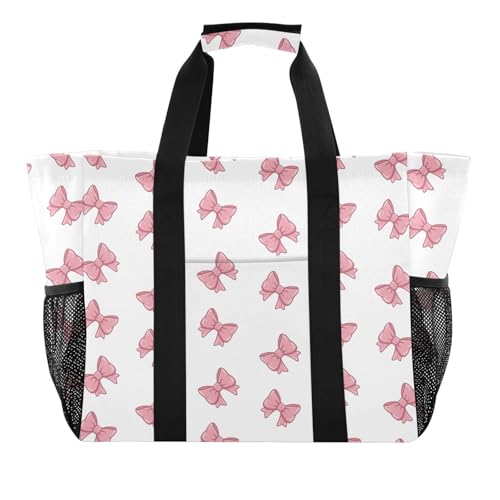 Pink Bows Print Large Beach Bag Waterproof Beach Tote Bags for Women Travel Gym Pool