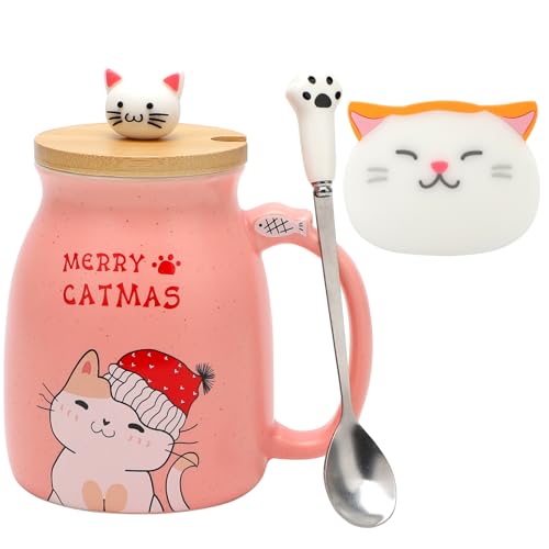 Tasse pour Chat Noël Mignonne Céramique 450ml Belle Tasse Chat Tasse à Café avec Couvercle et Cuillère en Acier Inoxydable, Tasse pour Chat Tasse à Thé Anniversaire Nouvel An Noël Cadeaux pour Femmes