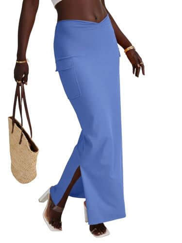 LYANER Women's High Waist Ruched Split Solid Pencil Long Maxi Skirt with Flap Pockets4