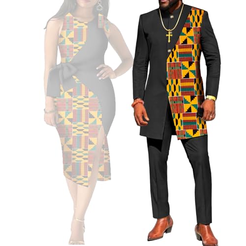 African Suits for Couples Women Kente Print Cotton Patchwork Dress or Dashiki Men Suit Top and Pants
