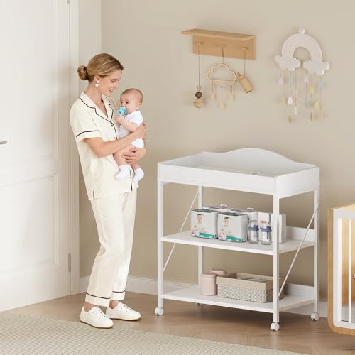 Image of Baby Changing Table, Diaper Station with Pad, 2-Tier Shelves, Mobile, White | Changing Table,Waterproof Diaper pad & Safety Strap, 2-Tier shelves, Mobile wheels