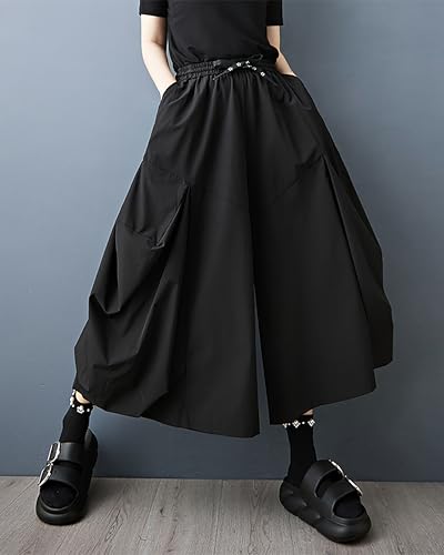 ellazhu Women's Pants Solid Elastic Waist Drawstring Two Side Pockets Plus Size Wide Leg Casual Loose Fashion GZ575 A2