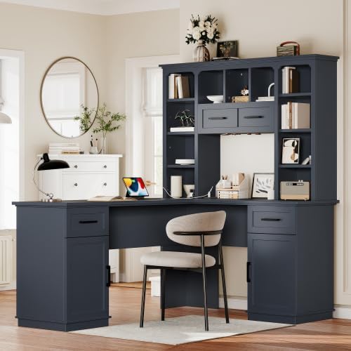 Bellemave Escritorio en forma de L, escritorio para computadora con cajones, bandeja para teclado y soporte para monitor, escritorios de oficina en