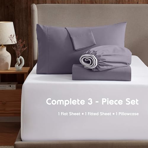 Image of Nestl Twin XL Bed Sheet Set - Grayish Purple - 3-Piece Deep Pocket | Instantly Soft, Night-One Ready (No Wash Required). Fits 16-Inch Deep Pockets, 360-Degree Elastic Grip