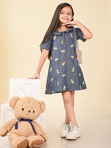 Image of LILPICKS Pineapple Applique Button Down A-line Denim DressFor Girls (Blue)