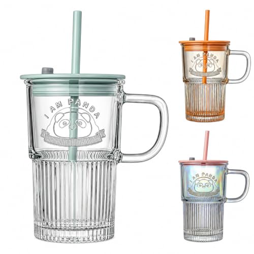 Image of Iridescent Glass Tumbler with Handle Lid and Straw - 400ML, Set of 1, Travel Coffee Sipper Mug Leakproof for Juice Cocktail Iced Tea Smoothie Hot Cold Drink Cup (Receiving Random Color)