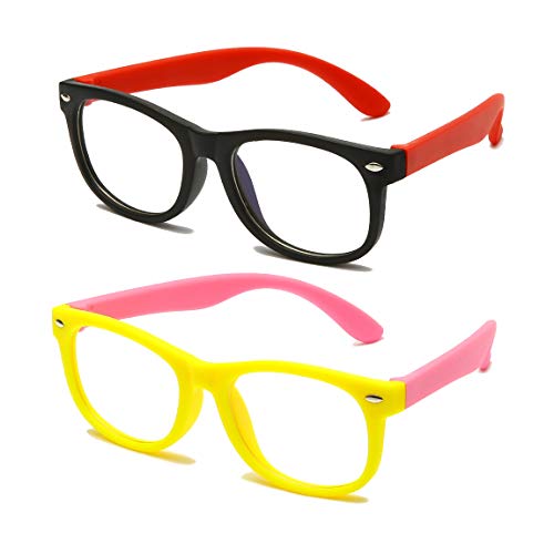 Long Keeper Unbreakable Anti Blue Light Glasses for Kids Computer Glasses Eyewear Age 3-10 (Black Red+Yellow)