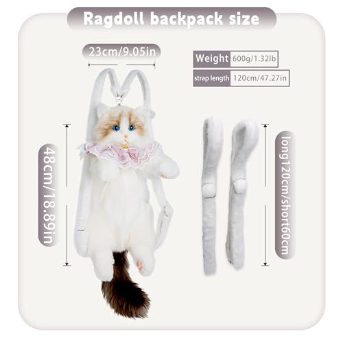 Image of Chongker Ragdoll Cat Backpack - Realistic Stuffed Animal Purse, Plush Cat Backpack for Kids & Adults, White