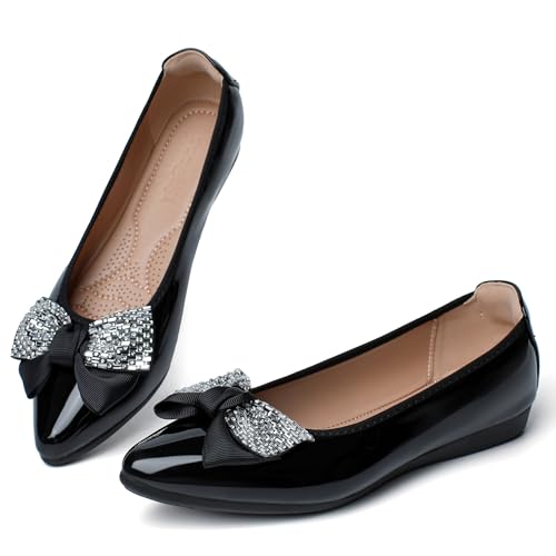 congliji Black Flats for Women Pointed Toe Leather Comfortable Flats Shoes Slip on Bow Wedding Dress Ballet Shoes Size 6.5-7