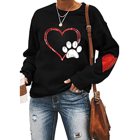 Dog Mom Love Heart Dog Paw Print Sweatshirts Women Long Sleeve Pullover Tops Casual Blouse Mother's Day Black Small Cover