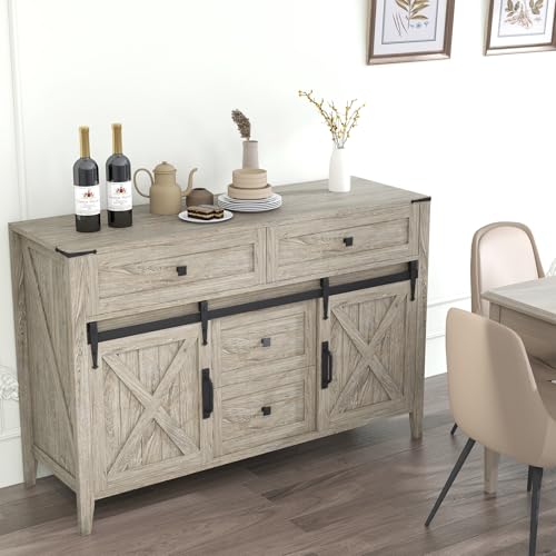 GlouMod Farmhouse Dresser for Bedroom, 47 Inch Sliding Barn Door Wood Texture Rustic Chest of Drawers 4 Drawers Dresser TV Stand for Bedroom, Driftwood Gray - Image 7