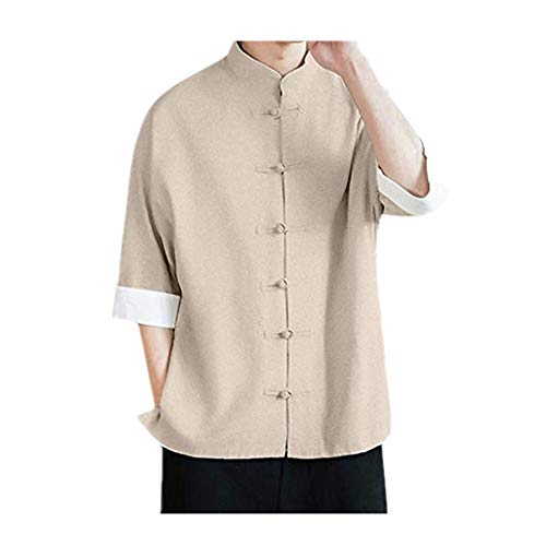 シャツ メンズ Boybya 唐装 漢服 綿麻シャツ 開襟シャツ チャイナボタン 立っている襟 七分袖 通気快適 吸水速乾 簡約風 目立つ 綿麻リネン オシャレ カジュアル トップス 父の日 春夏季対応 ファッション ゆったり 人気 ストリート 外出着 (L, ホワイト)