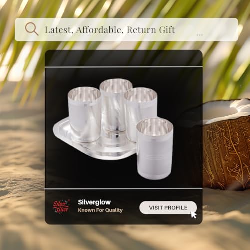 Image of Silverglow Harmony Tray Glass Set | Silver Plated Glass Set of 4 with Tray | Juice, Water, Beverages Serving Set | Tableware Set | Perfect Diwali, Office, Wedding Return Gift Item