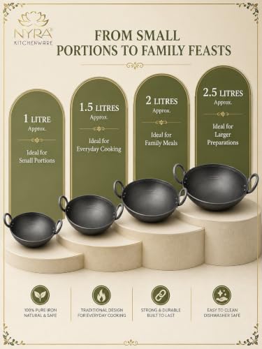 Image of NYRA Natural Traditional Black Iron Kadhai for Cooking Handmade Heavy Base Loha Kadai Lokhand /Lokhandi with Handle (Small - 1 LTR)
