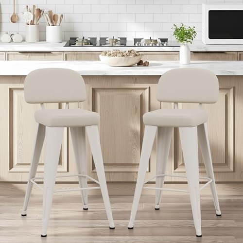 Image of Yongchuang 26 inch Bar Stools with Backs Set of 2 PU Leather Modern Counter Height Stools Upholstered Metal Kitchen Island Bar Chairs Grayish White