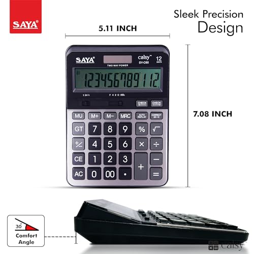 Image of Saya Premium Desktop Calculator | 12-Digit Display, Dual Power, Check & Correct Function, Metal Face Plate | Ergonomic Design for Office & Business Use | 3-Year Warranty