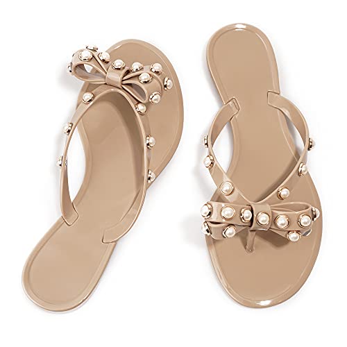 Image of TYFLOVE Women Rivet Flip Flops Studded Jelly Thong Sandals with Bow Summer Bowtie Flat Beach Rain Shoes