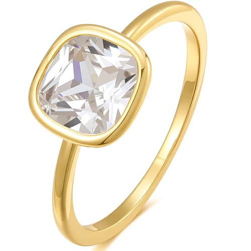 espere 2 Carat CZ Cushion Cut Bezel Set Solitaire Enagement Ring | Women's Thin Gold Promise Simple Bridal Ring Anniversary (Size 7)
