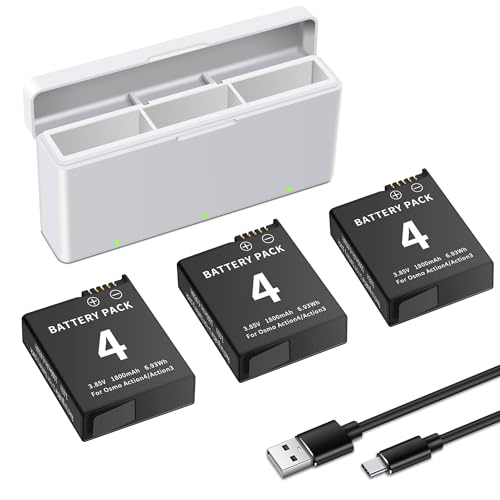Osmo Action 4/3 Battery Charger Kit 3-Pack Battery and 3-Channel Fast Charger Hub, Compatible for DJI Osmo Action 4, Osmo Action 3 Camera, 1850mah Battery Replacement with USB-C Charger and Cable