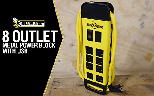Image of Southwire Yellow Jacket Power Block - 8 Outlet Heavy Duty Metal Power Strip - Dual USB Ports for Fast Charging - Rugged Workshop Design - 6 Ft Yellow Cord - Durable 14-Gauge Construction