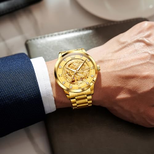 Image of OLEVS Dragon Skeleton Mens Automatic Watch 42MM Large Dial Gold Luxury Self-Winding Diamond Waterproof Stainless Steel Business Tourbillon Mechanical Watches