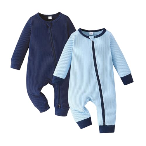 Image of Bafeicao Unisex Baby Boy Girl 2 Pack Rompers Long Sleeve Two Way Zipper Romper One Piece Jumpsuits Clothes Sets