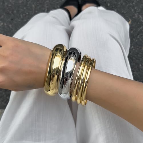 Chunky Gold Bangles Bracelets for Women Trendy Silver Stack Bracelet Jeweley Minimalist Bangle Set Accessories4