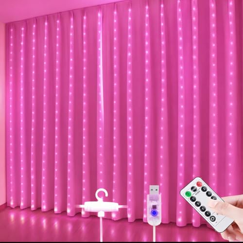 Image of One94Store Fairy Curtain String Lights for Wall Decoration, USB Powered 300 LED's, 8 Flashing Modes, Window Backdrop Lights for Bedroom, Party, Diwali, Christmas - (3x3 Meter) Pink