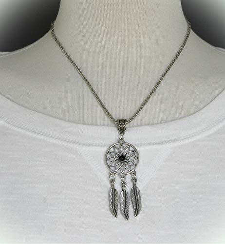 Silver Dream Catcher Necklace Dangle Pendant Feather Black Bead 17-19.5"Long For Women