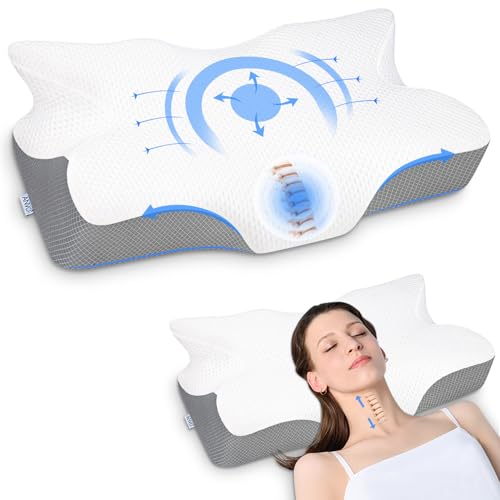 Anvo Cervical Neck Pillow for Neck and Shoulder Pain - Memory Foam Neck Pillows for Pain Relief Sleeping, Side Sleeper Pillow, Contour Orthopedic Firm Pillow for Back Stomach Sleeper - Blue