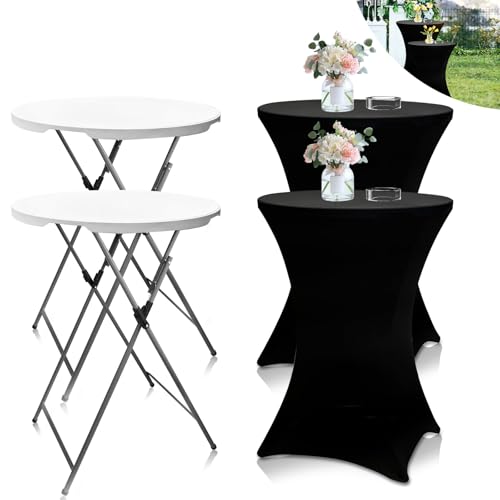 THESEATOP 2Sets 32in Hightop Folding Cocktail Tables+Covers-Spandex Stretch Folding Tall Bar Table Covers Detachable Legs Bar Height Folding Table Outdoor Indoor Use (Black/2 Tables+2 Covers)