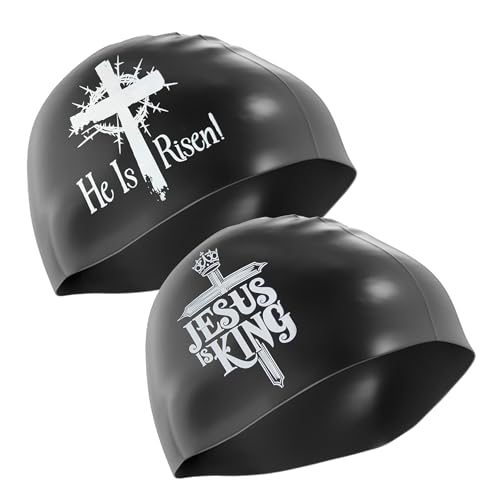 Product Maxx Faith-Based Silicone Swim Cap - Jesus is King & He is Risen Religious Swim Cap for Adults & Kids - Waterproof, Durable, Comfortable - Swimming Cap (Black with White Design)