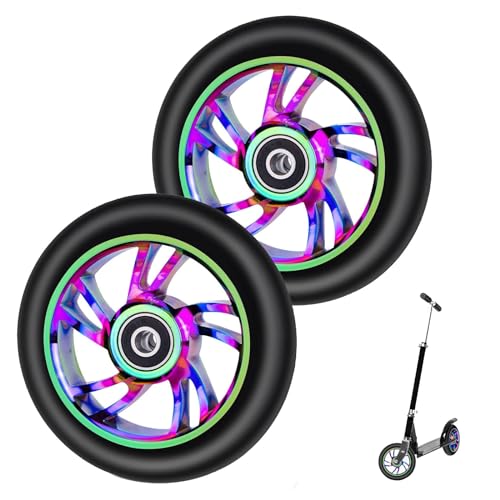 CLKE 2Pcs Roues Trottinette Freestyle 110mm, Roue Rrottinette Freestyle 110mm Coloré en Alliage d'Aluminium,avec Entretoise de Roulement,pour Apollo,Razor,Cox...