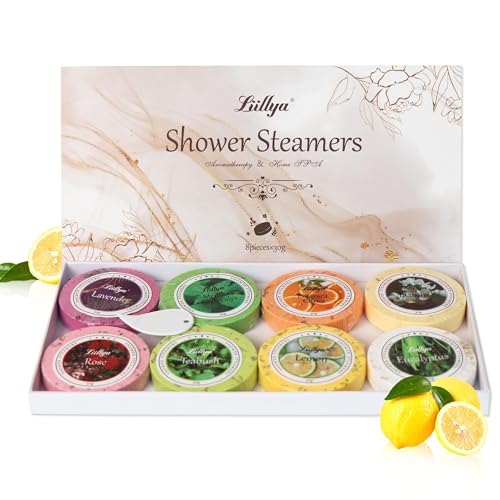 Liillya Shower Steamers Aromatherapy 8 Pack Shower Bombs with Natural Essential Oil Home Spa Vapor Shower Tablets Stress Relief Self Care Relaxation Birthday Gifts for Women,Men, 8 Scents