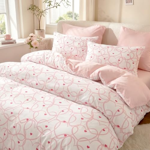 Freyamy Herz Bettwäsche 135x200 Herzen Weiß Rosa Mädchen Bettwäsche Set – Ansicht 2