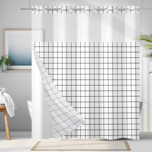 TOENGS Black and White Grid No Hook Shower Curtain, 71" W x 86" L by TOENGS - Used condition - US$20.44