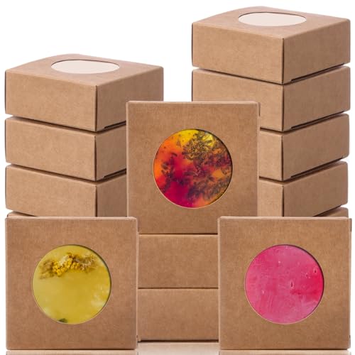 TaoBary 100 Pcs Soap Boxes for Homemade 3 x 3 x 1.2 Inch Small Paper Gift Packaging Boxes with Window Gift Wrappers for Soap Packaging Making Party Favor(Round Kraft)